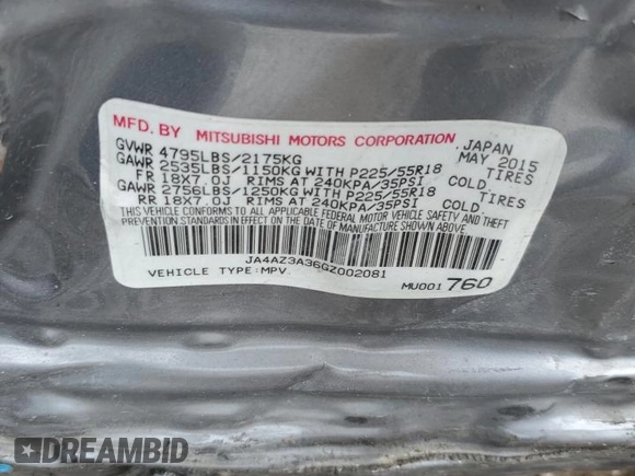 2016 Mitsubishi Outlander SE with VIN JA4AZ3A36GZ002081, listed as a Copart auction lot 59779885 with 142,747 mi miles and Salvage title. Bid and sale history available at DreamBid. Image 13.