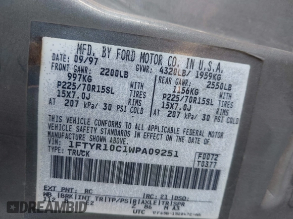 1998 Ford Ranger XL z VIN 1FTYR10C1WPA09251, wystawiony jako IAAI lot #42061336 z przebiegiem 274 498 mil mil oraz . Historia ofert i sprzedaży dostępna na DreamBid. Obrazek 9.