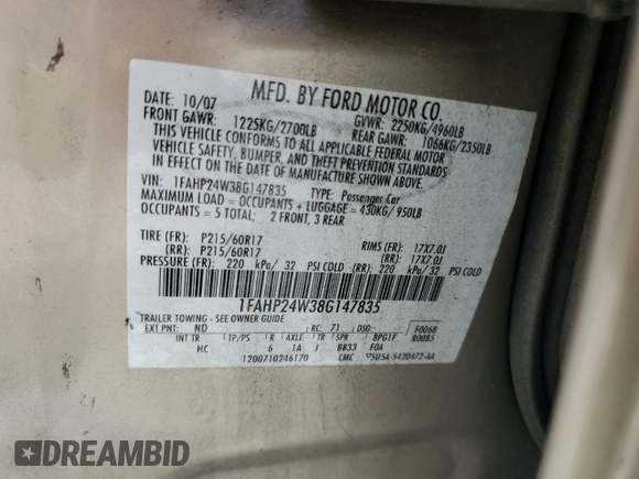 2008 Ford Taurus SEL with VIN 1FAHP24W38G147835, listed as a Copart auction lot 70437614 with 160,290 mi miles and Salvage Title. Bid and sale history available at carsss.com. Image 14.