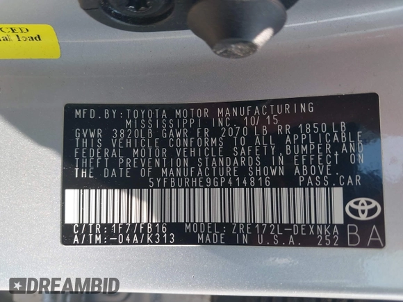 2016 Toyota Corolla L with VIN 5YFBURHE9GP414816, listed as a IAAI auction lot 42424221 with 87,270 mi miles and . Bid and sale history available at DreamBid. Image 9.