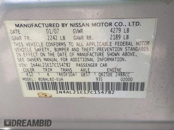 2007 Nissan Altima 2.5 with VIN 1N4AL21E17C154782, listed as a IAAI auction lot 42093605 with 142,591 mi miles. Bid and sale history available at carsss.com. Image 9.