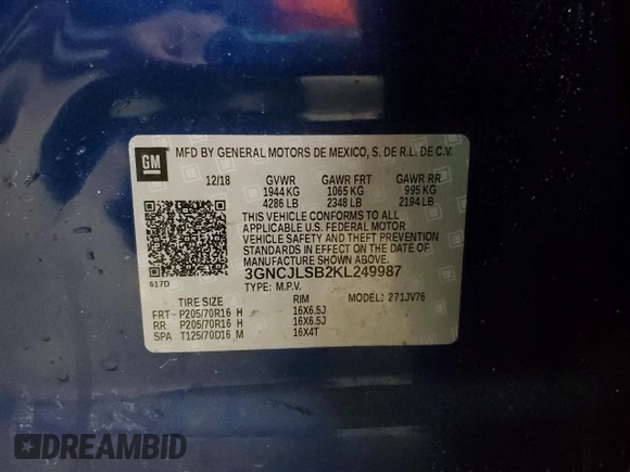 2019 Chevrolet Trax LT with VIN 3GNCJLSB2KL249987, listed as a Copart auction lot 46003995 with 112,276 mi miles and Non Repairable. Bid and sale history available at carsss.com. Image 15.