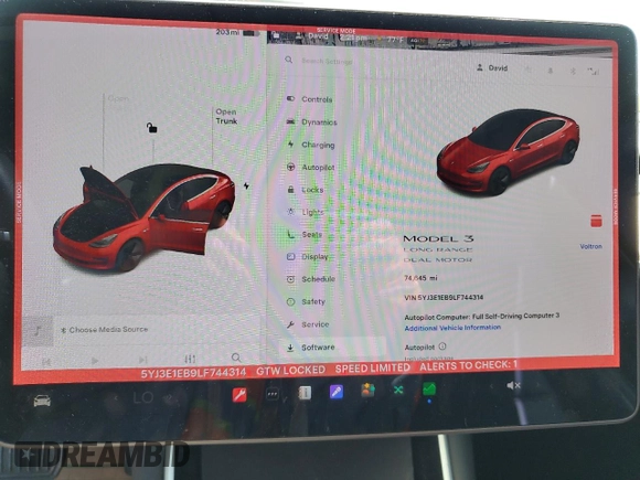 2020 Tesla Model 3 Long Range with VIN 5YJ3E1EB9LF744314, listed as a Copart auction lot 53992025 with 74,645 mi miles and Salvage Title. Bid and sale history available at carsss.com. Image 9.