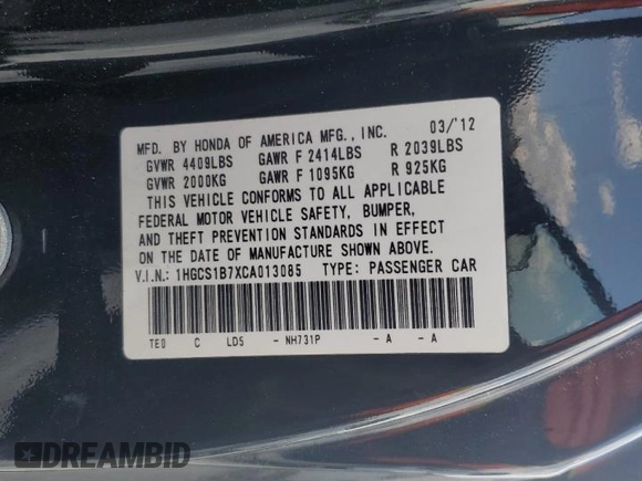2012 Honda Accord EX с VIN 1HGCS1B7XCA013085, выставлен на аукционе Copart как лот 63791675 с пробегом 109 000 миль миль и Чистый • Clean title. История ставок и продаж доступна на DreamBid. Изображение 12.
