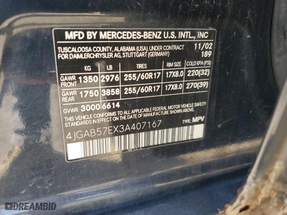 2003 Mercedes-Benz M-Class 3.7L with VIN 4JGAB57EX3A407167, listed as a Copart auction lot 87400894 with 162,516 mi miles and Salvage Title. Bid and sale history available at carsss.com. Image 13.