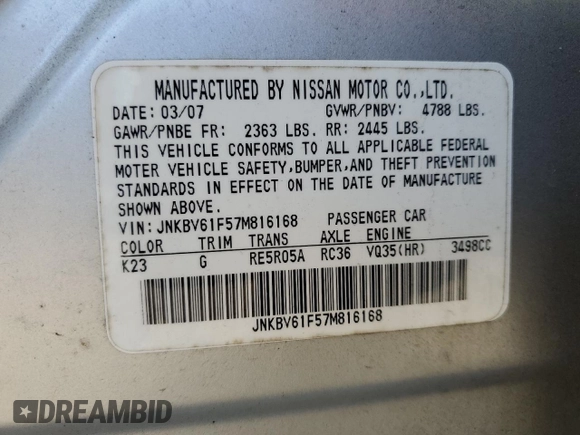 2007 Infiniti G35 with VIN JNKBV61F57M816168, listed as a Copart auction lot 54798915 with Not Provided miles and Clean Title. Bid and sale history available at DreamBid. Image 12.
