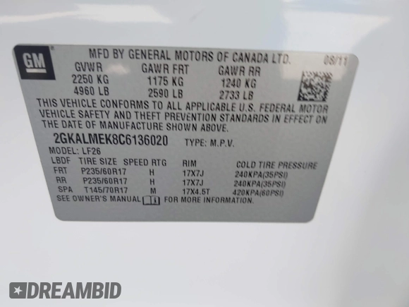 2012 GMC Terrain SLE-1 with VIN 2GKALMEK8C6136020, listed as a IAAI auction lot 42516811 with 112,544 mi miles and . Bid and sale history available at DreamBid. Image 9.