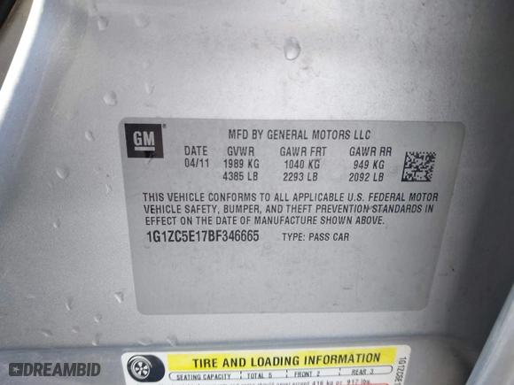 2011 Chevrolet Malibu LT w/1LT with VIN 1G1ZC5E17BF346665, listed as a IAAI auction lot 41754373 with 141,096 mi miles. Bid and sale history available at carsss.com. Image 9.