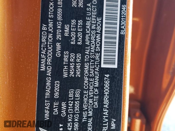 2024 VinFast VF 8 Plus с VIN RLLV1AFA8RH006674, выставлен на аукционе Copart как лот 80688824 с пробегом Не указан миль и Списание • Salvage title. История ставок и продаж доступна на DreamBid. Изображение 12.
