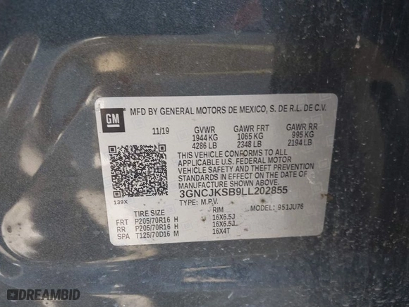 2020 Chevrolet Trax LS with VIN 3GNCJKSB9LL202855, listed as a IAAI auction lot 41554686 with 88,854 mi miles. Bid and sale history available at carsss.com. Image 9.
