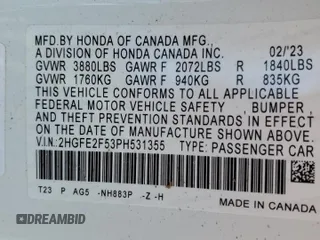 2023 Honda Civic Sport with VIN 2HGFE2F53PH531355, listed as a Copart auction lot 63620895 with 41,048 mi miles and Clean title. Bid and sale history available at DreamBid. Image 13.