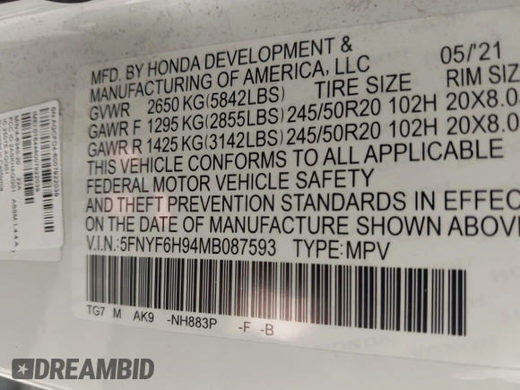 2021 Honda Pilot Touring 8-Passenger z VIN 5FNYF6H94MB087593, wystawiony jako IAAI lot #42153310 z przebiegiem 30 400 mil mil oraz . Historia ofert i sprzedaży dostępna na DreamBid. Obrazek 9.