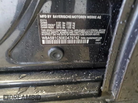 2014 BMW 5 Series 535i with VIN WBA5B1C50ED479742, listed as a Copart auction lot 48502215 with Not Provided miles and Clean Title. Bid and sale history available at DreamBid. Image 12.