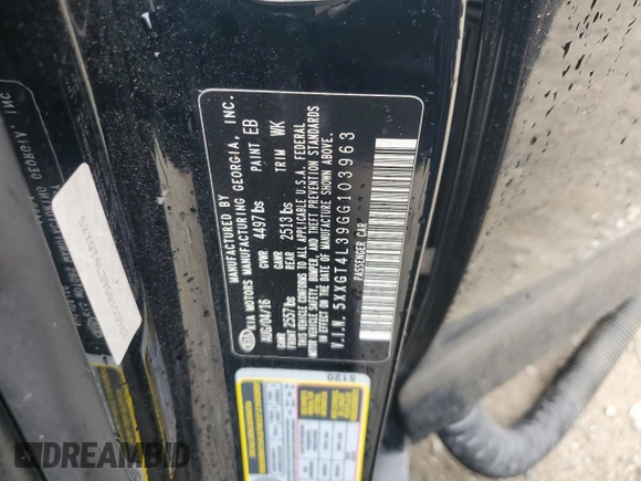 2016 Kia Optima LX with VIN 5XXGT4L39GG103963, listed as a Copart auction lot 63523365 with Not provided miles and Salvage title. Bid and sale history available at DreamBid. Image 12.
