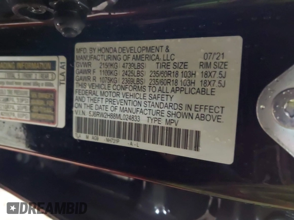 2021 Honda CR-V EX-L with VIN 5J6RW2H88ML024833, listed as a IAAI auction lot 41792268 with 40,664 mi miles and . Bid and sale history available at DreamBid. Image 9.