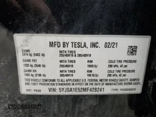 2021 Tesla Model S Long Range z VIN 5YJSA1E52MF428241, wystawiony jako Copart lot #57302035 z przebiegiem 67 775 mil mil oraz Szkoda całkowita • Salvage title. Historia ofert i sprzedaży dostępna na DreamBid. Obrazek 13.