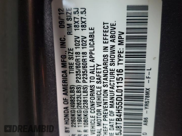 2013 Acura RDX Technology with VIN 5J8TB4H55DL011516, listed as a Copart auction lot 60697415 with 111,140 mi miles and Clean title. Bid and sale history available at DreamBid. Image 13.