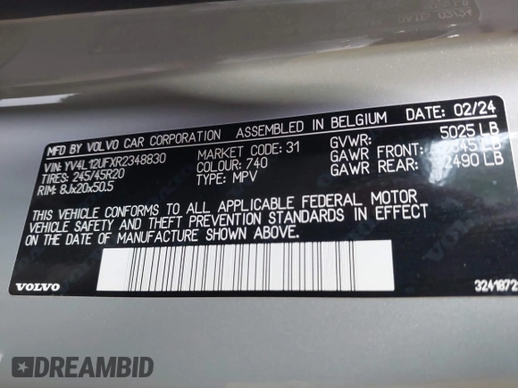 2024 Volvo XC40 с VIN YV4L12UFXR2348830, выставлен на аукционе IAAI как лот 41524099 с пробегом 26 374 миль миль и . История ставок и продаж доступна на DreamBid. Изображение 9.