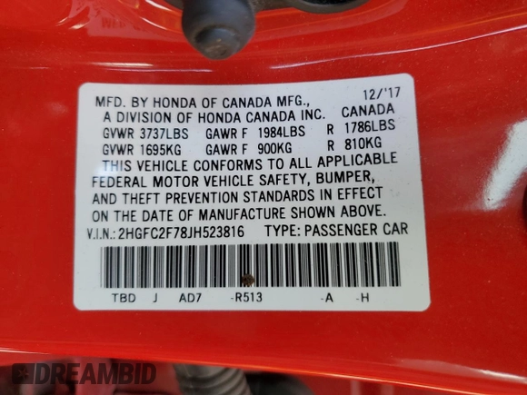 2018 Honda Civic EX with VIN 2HGFC2F78JH523816, listed as a Copart auction lot 49461835 with 158,061 mi miles and Salvage Title. Bid and sale history available at DreamBid. Image 12.