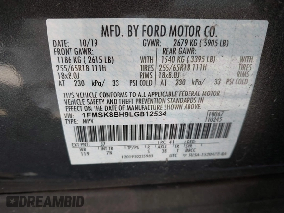 2020 Ford Explorer with VIN 1FMSK8BH9LGB12534, listed as a IAAI auction lot 41282799 with 114,909 mi miles. Bid and sale history available at carsss.com. Image 9.