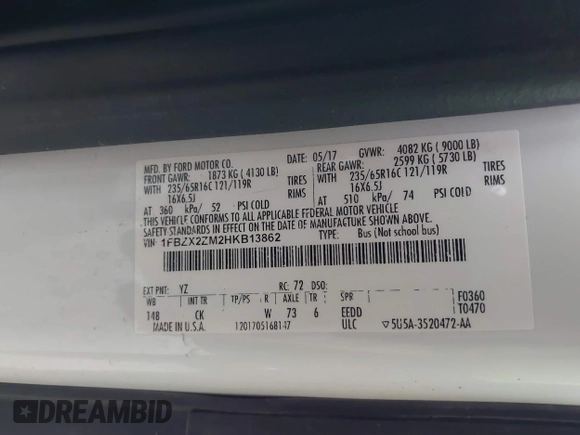 2017 Ford Transit XL с VIN 1FBZX2ZM2HKB13862, выставлен на аукционе IAAI как лот 42248396 с пробегом 160 798 миль миль и . История ставок и продаж доступна на DreamBid. Изображение 9.