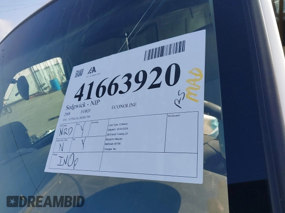 2008 Ford Econoline Cargo Commercial with VIN 1FTNE24L28DB01794, listed as a IAAI auction lot 41663920 with Not Provided miles and . Bid and sale history available at DreamBid. Image 18.