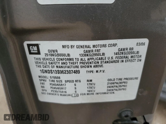 2006 Chevrolet TrailBlazer LS with VIN 1GNDS13S962307489, listed as a Copart auction lot 51295545 with 290,358 mi miles and Salvage Title. Bid and sale history available at DreamBid. Image 14.