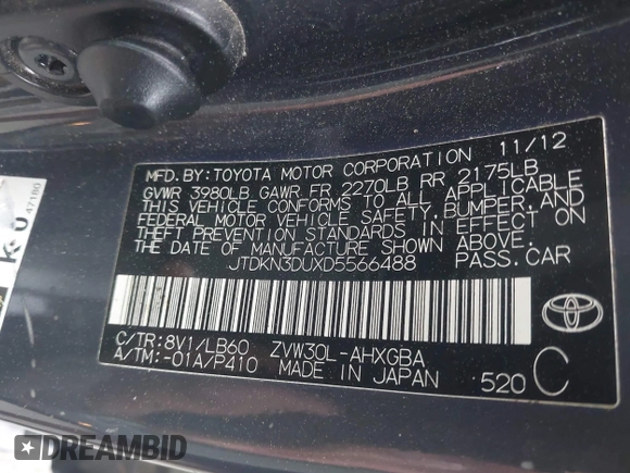 2013 Toyota Prius One with VIN JTDKN3DUXD5566488, listed as a IAAI auction lot 41989353 with 197,444 mi miles and . Bid and sale history available at DreamBid. Image 9.