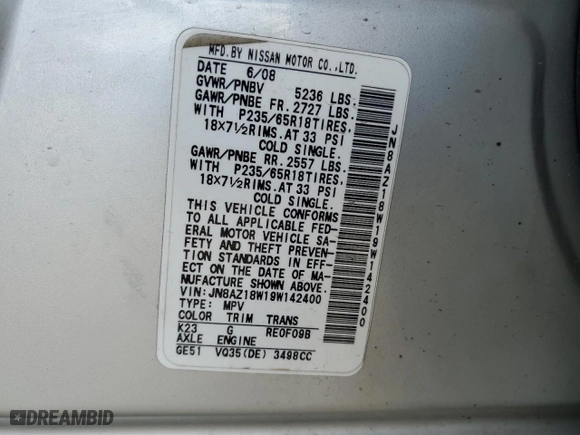2009 Nissan Murano SL with VIN JN8AZ18W19W142400, listed as a Copart auction lot 51683385 with 0 mi miles and Salvage Title. Bid and sale history available at carsss.com. Image 14.