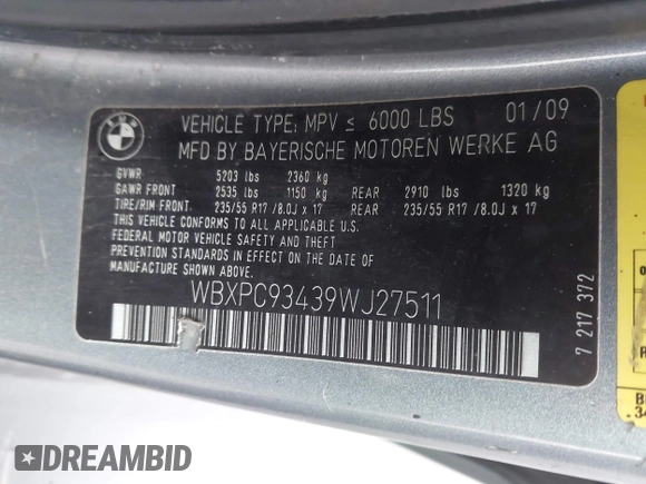 2009 BMW X3 xDrive30i with VIN WBXPC93439WJ27511, listed as a IAAI auction lot 41971762 with 112,766 mi miles. Bid and sale history available at carsss.com. Image 9.