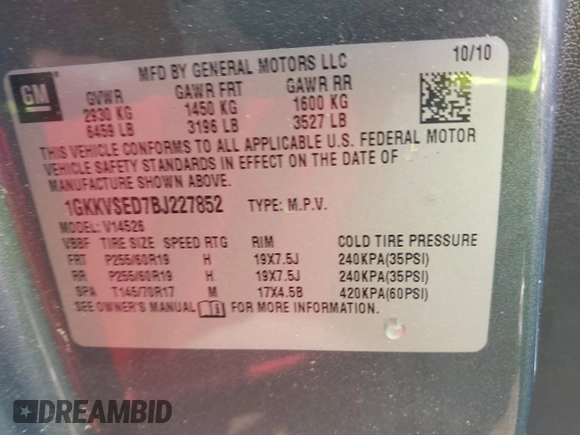 2011 GMC Acadia SLT2 with VIN 1GKKVSED7BJ227852, listed as a IAAI auction lot 42410846 with 246,072 mi miles and . Bid and sale history available at DreamBid. Image 9.