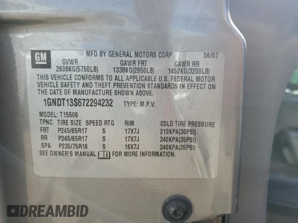 2007 Chevrolet TrailBlazer LS with VIN 1GNDT13S672294232, listed as a Copart auction lot 48737015 with 136,610 mi miles and Salvage Title. Bid and sale history available at DreamBid. Image 14.