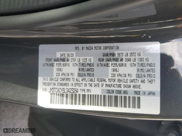 2020 Mazda CX-9 Touring with VIN JM3TCACY6L0423284, listed as a Copart auction lot 78365454 with 55,048 mi miles and Salvage Title. Bid and sale history available at carsss.com. Image 14.
