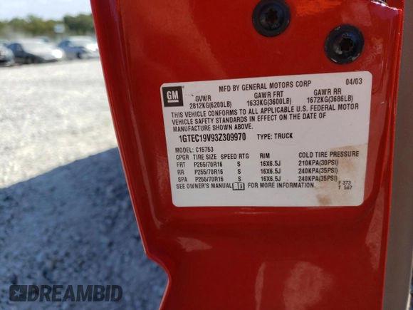 2003 GMC Sierra 1500 SLE1 z VIN 1GTEC19V93Z309970, wystawiony jako Copart lot #76294274 z przebiegiem 231 828 mil mil oraz Szkoda całkowita • Salvage title. Historia ofert i sprzedaży dostępna na DreamBid. Obrazek 12.