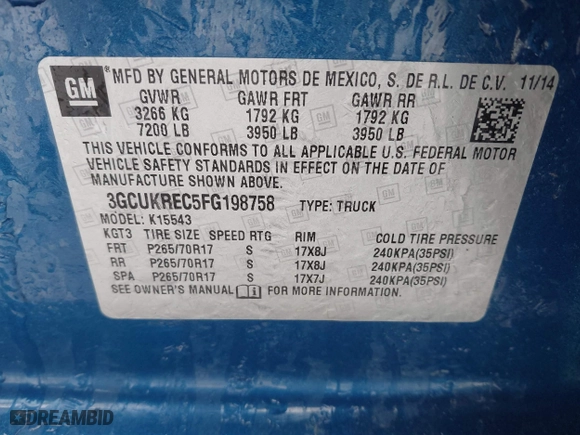 2015 Chevrolet Silverado 1500 LT with VIN 3GCUKREC5FG198758, listed as a IAAI auction lot 41573360 with 150,562 mi miles. Bid and sale history available at carsss.com. Image 9.