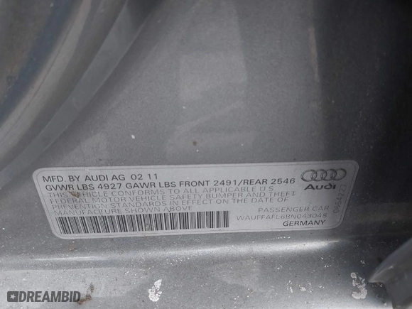 2011 Audi A4 2.0T Premium Plus with VIN WAUFFAFL6BN043048, listed as a IAAI auction lot 41442667 with 162,401 mi miles. Bid and sale history available at carsss.com. Image 9.