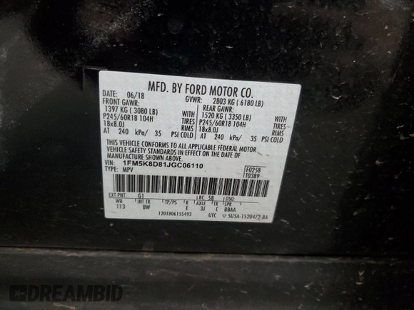 2018 Ford Explorer XLT z VIN 1FM5K8D81JGC06110, wystawiony jako Copart lot #58719295 z przebiegiem 92 645 mil mil oraz Szkoda całkowita • Salvage title. Historia ofert i sprzedaży dostępna na DreamBid. Obrazek 14.
