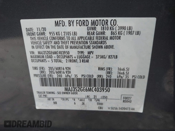 2021 Ford EcoSport SE with VIN MAJ3S2GE6MC403950, listed as a IAAI auction lot 41606208 with 50,581 mi miles and . Bid and sale history available at DreamBid. Image 9.