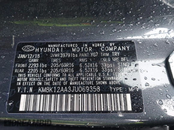 2018 Hyundai Kona SE with VIN KM8K12AA3JU069358, listed as a IAAI auction lot 41572604 with 119,437 mi miles and . Bid and sale history available at DreamBid. Image 9.