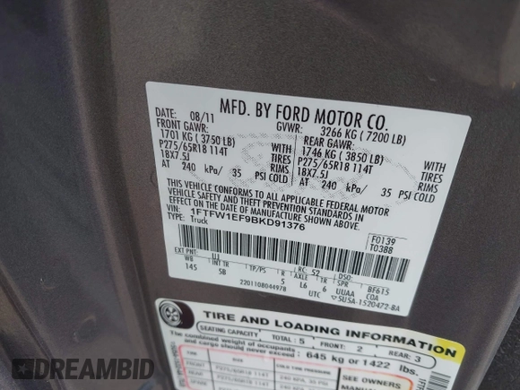 2011 Ford F-150 XL with VIN 1FTFW1EF9BKD91376, listed as a IAAI auction lot 42696719 with 120,034 mi miles and . Bid and sale history available at DreamBid. Image 9.