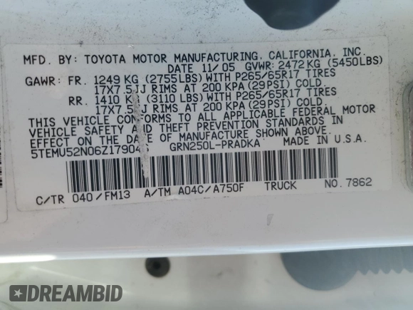 2006 Toyota Tacoma с VIN 5TEMU52N06Z179046, выставлен на аукционе Copart как лот 61205755 с пробегом 101 027 миль миль и Списание • Salvage title. История ставок и продаж доступна на DreamBid. Изображение 13.