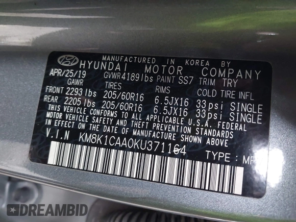 2019 Hyundai Kona SE with VIN KM8K1CAA0KU371164, listed as a IAAI auction lot 42090955 with 70,225 mi miles and . Bid and sale history available at carsss.com. Image 9.