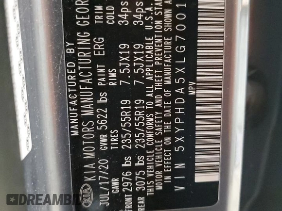 2020 Kia Sorento EX with VIN 5XYPHDA5XLG700163, listed as a Copart auction lot 51368595 with 47,359 mi miles and Salvage Title. Bid and sale history available at DreamBid. Image 13.
