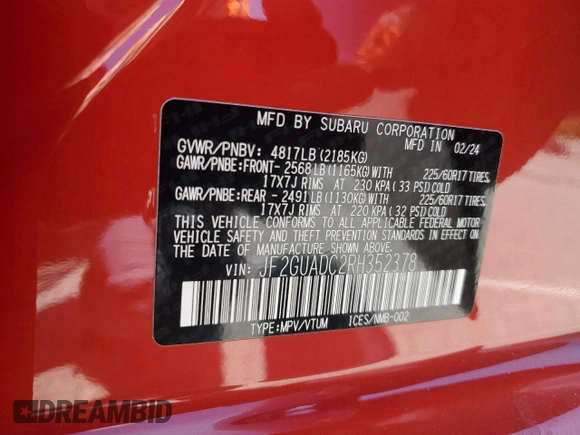 2024 Subaru Crosstrek Premium with VIN JF2GUADC2RH352378, listed as a Copart auction lot 57314525 with Not provided miles and Salvage title. Bid and sale history available at DreamBid. Image 13.
