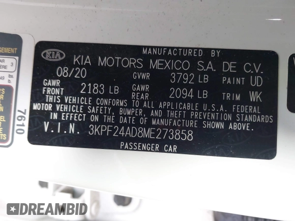 2021 Kia Forte LXS z VIN 3KPF24AD8ME273858, wystawiony jako IAAI lot #40978799 z przebiegiem 43 934 mil mil oraz . Historia ofert i sprzedaży dostępna na DreamBid. Obrazek 9.