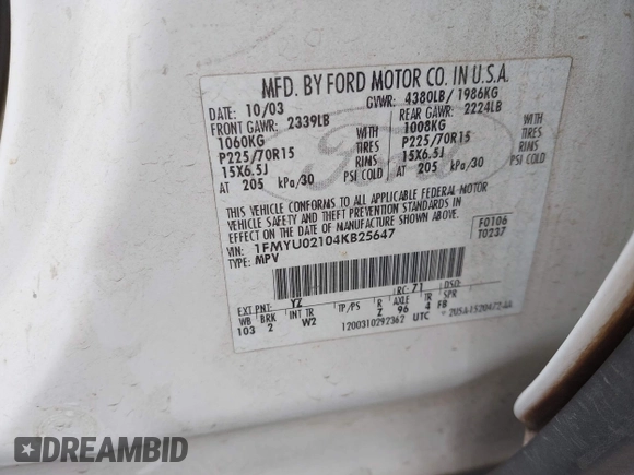 2004 Ford Escape XLS with VIN 1FMYU02104KB25647, listed as a IAAI auction lot 41916737 with 199,361 mi miles and . Bid and sale history available at DreamBid. Image 9.