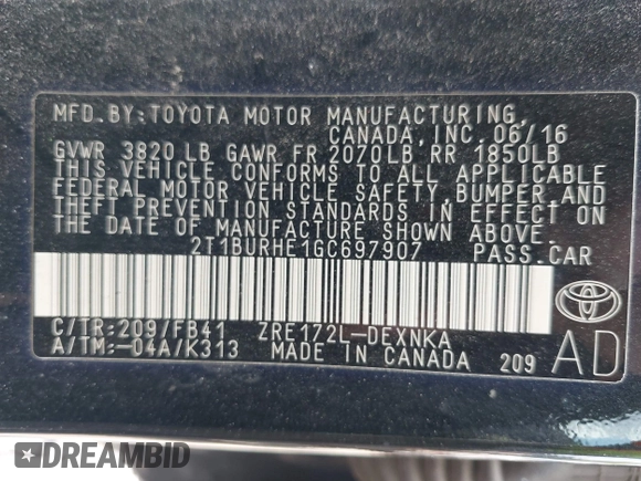 2016 Toyota Corolla L with VIN 2T1BURHE1GC697907, listed as a IAAI auction lot 42147164 with 82,748 mi miles and . Bid and sale history available at DreamBid. Image 9.