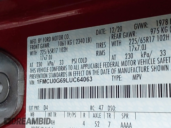 2020 Ford Escape SE с VIN 1FMCU0G69LUC64063, выставлен на аукционе IAAI как лот 42372430 с пробегом 102 762 миль миль и . История ставок и продаж доступна на DreamBid. Изображение 9.