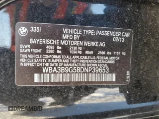 2013 BMW 3 Series 335i xDrive with VIN WBA3B9G58DNP39653, listed as a Copart auction lot 44425195 with 113,858 mi miles and Salvage title. Bid and sale history available at DreamBid. Image 12.