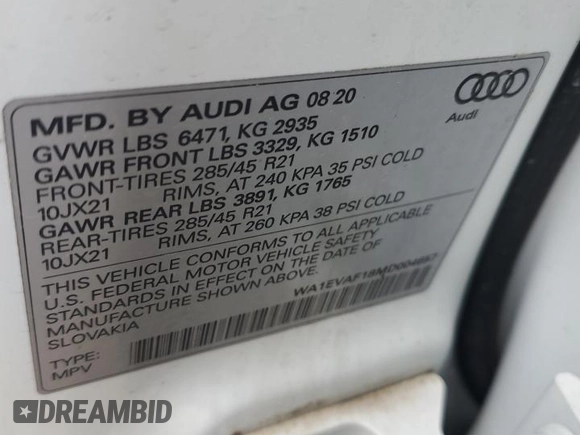 2021 Audi Q8 Premium Plus z VIN WA1EVAF18MD004657, wystawiony jako Copart lot #45008865 z przebiegiem 42 489 mil mil oraz Szkody całkowita. Historia ofert i sprzedaży dostępna na DreamBid. Obrazek 13.